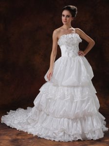 White Court Train Taffeta Strapless Wedding Dress with Pick-ups and Appliques