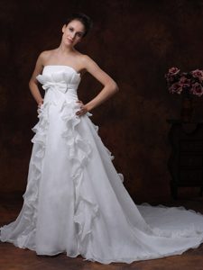 Strapless Court Train White Chiffon Wedding Dress with Ruffles and Bow on Sale