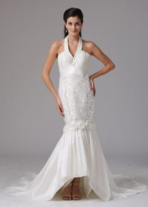 V-neck Halter White Beaded Wedding Dress with Sequin and Flowers