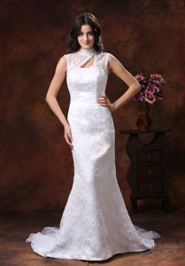 High-neck White Column Taffeta and Lace Wedding Dress with Cutout