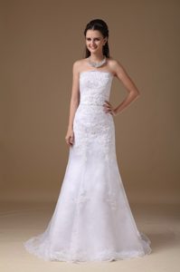 Most Popular Strapless White Column Lace and Taffeta Wedding Dress