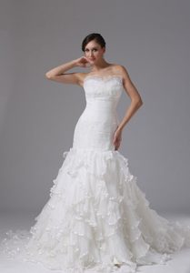 Strapless Ruched White Wedding Dress with Layered Ruffles for Less
