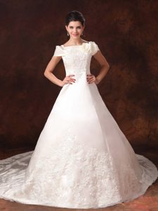 Bateau Short Sleeves Chapel Train Champagne Wedding Dresses with Appliques