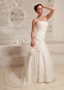 Strapless Champagne Ruched Taffeta and Lace Beaded Wedding Dress