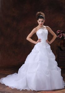 Slot Neckline Court Train White Organza Appliqued Wedding Dress with Pick-ups