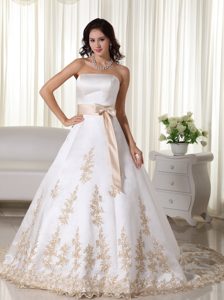 Strapless Court Train White Satin Wedding Dress with Pink Sash and Embroidery
