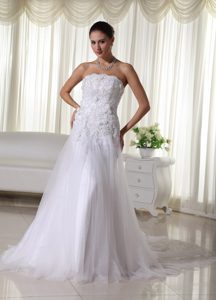 Most Popular White Court Train Strapless Tulle Wedding Dresses with Appliques