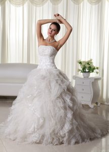 Strapless Chapel Train White Organza Wedding Dress with Ruffles and Appliques