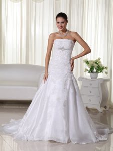Custom Made Strapless Court Train White Organza Wedding Gown with Appliques