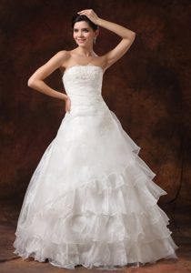 Strapless Long White Organza Wedding Dress with Appliques and Ruffles