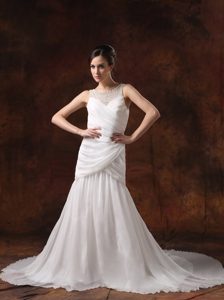 Brand New Style Scoop Straps Court Train Ruched White Chiffon Wedding Dress