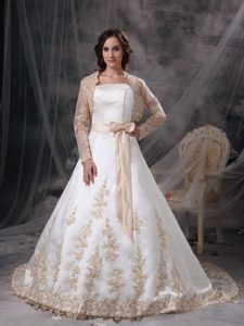 Strapless Court Train White Embroidered Wedding Dresses with Sash and Jacket