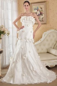Special Strapless Court Train White Lace and Taffeta Wedding Dress with Flowers