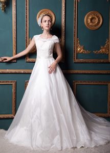 Square Cap White Organza and Lace Wedding Dresses on Promotion