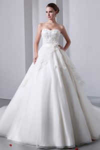 Sweetheart Chapel Train White Organza Wedding Dress with Appliques and Flower