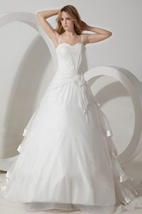 Spaghetti Straps White Organza Ruched Wedding Dresses with Flower