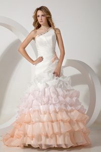 Multi-colored One Shoulder Beaded Bridal Dress with Layered Ruffles
