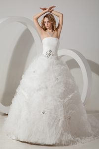 Strapless Court Train White Princess Wedding Dresses with Beading and Flowers