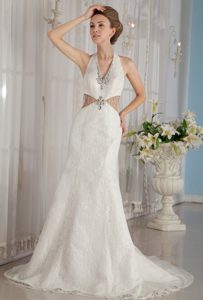 New V-neck Halter Beaded White Lace Bridal Dress with Cutout Waist