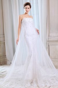 White Strapless Lace Wedding Dress with Appliques for Less