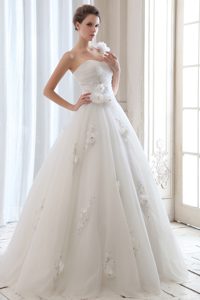 Romantic One Shoulder Long Tulle Wedding Dress with Beading and Flowers