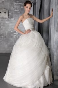 Strapless Long Princess White Drapped Beaded Wedding Dress with Layers