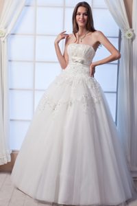 White Princess Long Tulle Wedding Dresses with Appliques and Bowknot