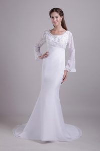 Trumpet Scoop Chiffon and Satin Wedding Dresses with Long Sleeves