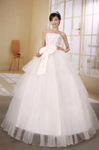 Satin and Organza Strapless Wedding Dresses with Bow and Beading