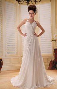 V-neck Empire Backless Beaded Outdoor Wedding Dresses in Chiffon