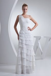 Layers One Shoulder Beach Wedding Dresses with Ruched and Flowers