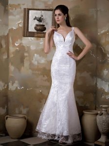 Fashionable Mermaid Straps Wedding Reception Dress in Satin and Lace