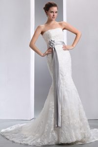 Mermaid Strapless Beach Wedding Dress in Taffeta and Lace with Sash