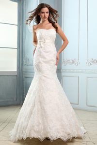 Mermaid Strapless Outdoor Wedding Dress in Satin and Lace with Belt