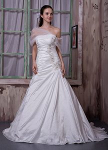 Luxurious Strapless Taffeta Autumn Wedding Dress with Appliques