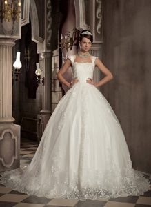 Modest Ball Gown Square Chapel Train Church Wedding Dress in Lace