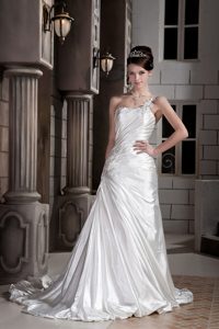 Ruched One Shoulder Taffeta Wedding Anniversary Dress with Beading