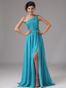 Essential Strapless Chiffon High Slit Aqua Blue Prom Gowns with Ruching