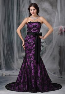 Must-have Black and Purple Mermaid Strapless Court Train Prom Dresses