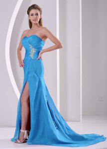 High Slit Sweetheart Prom Dresswith Beaded Appliques in Light Blue