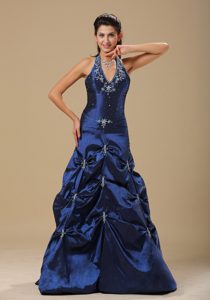 Wanted Navy Blue Halter Lace-up Prom Dresses with Appliques in Taffeta
