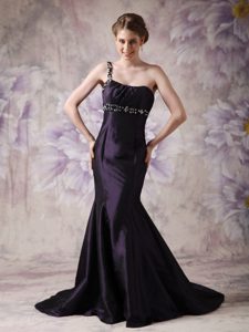 Popular Dark Purple Mermaid One Shoulder Satin Prom Bridesmaid Dress