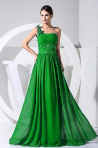 Exquisite One Shoulder Beading Prom Formal Dress with Flowers in Green
