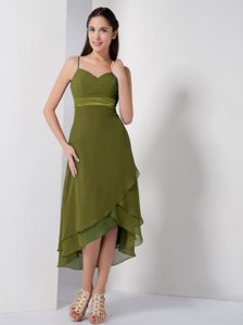 Olive Green High-low Uptown Prom Dress with Spaghetti Straps and Sash