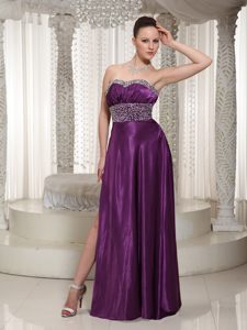 Turn Heads Eggplant Purple Beaded Prom Dresses in Elastic Woven Satin