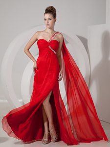 Shimmery One Shoulder Prom Formal Dresses with Watteau Train in Red