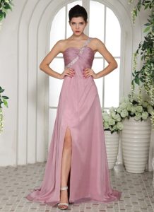 One Shoulder High Slit Lavender Prom Homecoming Dresses with Ruching