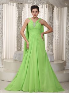 Chiffon V-neck Prom Evening Dresses with Watteau Train in Spring Green