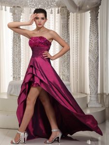 Wine Red Strapless Asymmetrical Taffeta Prom Gowns with Sequins