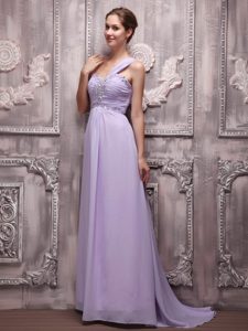 Flowing Lilac Empire One Shoulder Prom Dresses in Chiffon with Beading